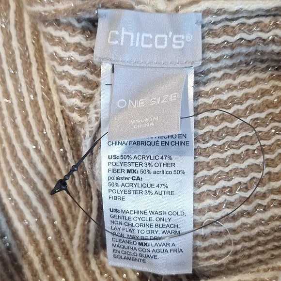 Chico's NWOT Striped Fringed Cowl Neck Sweater Poncho One Size - Picture 5 of 6